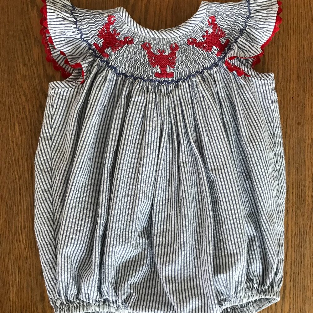Secret Wishes Girls Smocked Bubble Romper 12M Embroidered Lobsters Nautical